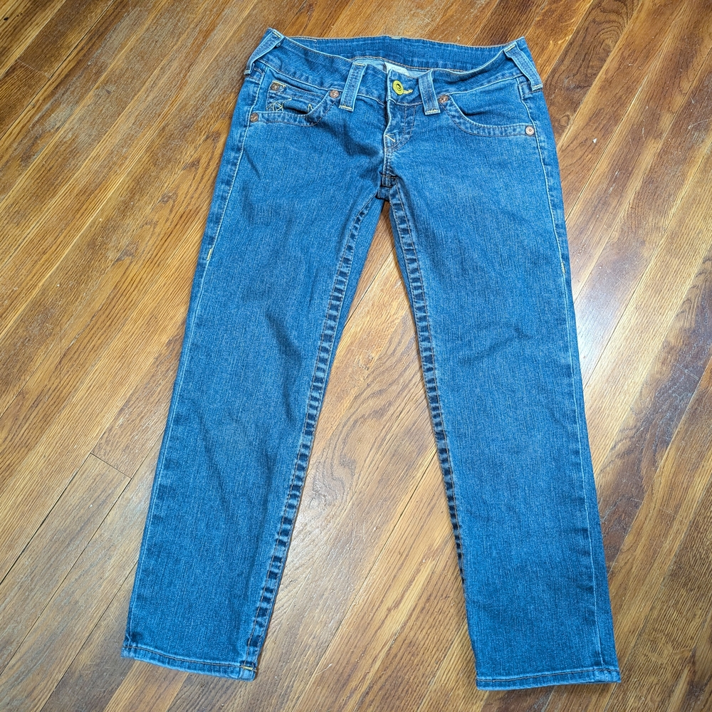 True Religion Copped Women's Jeans Blue Distressed Size 29